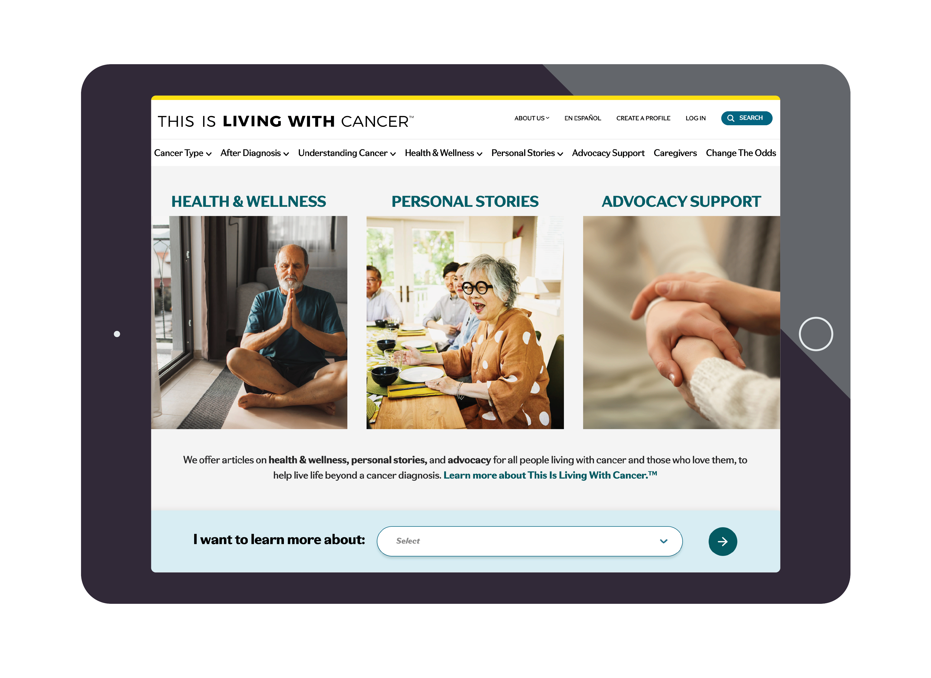 Image of computer screen showing treatment support resources for patients and caregivers through This Is Living With Cancer